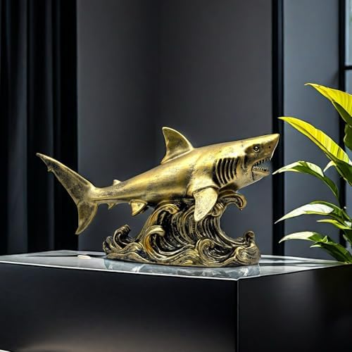 XINDAM Bronze Finish Shark Figurine Gold Statue Decorative Home & Office Resin Figurines Home Office Display Craft Living Room Decor Ornaments for Tabletop - Image 3