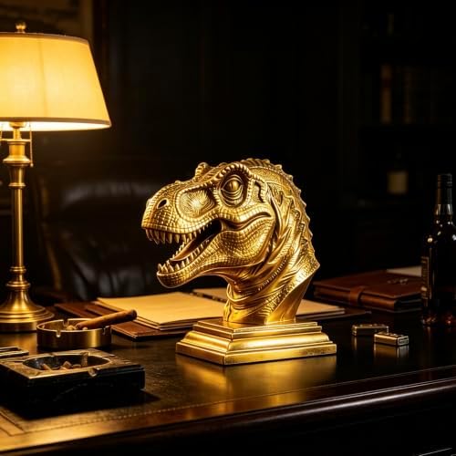 XINDAM Resin Tyrannosaurus Rex Dinosaur Head Bust Statue Decorative Home & Office Resin Figurines Home Office Display Craft Living Room Decor Ornaments for Tabletop Gold - Image 4