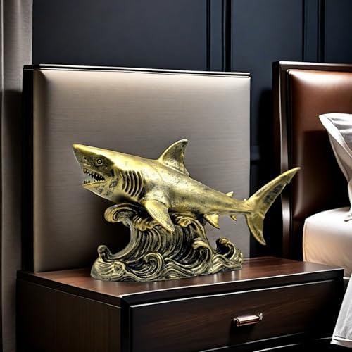 XINDAM Bronze Finish Shark Figurine Gold Statue Decorative Home & Office Resin Figurines Home Office Display Craft Living Room Decor Ornaments for Tabletop - Image 5