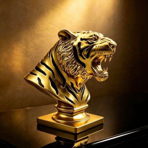 XINDAM 9.6 INCH Tiger Bust Statue Tigers Head Figurine Decorative Home & Office Figurines Home Office Display Craft Living Room Decor Ornaments for Tabletop Gold - Image 4