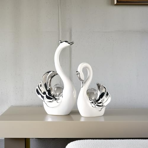 XINDAM A Pair of Swan Figurines Swans Statue with Crystal Ball Model Home Office Display Decorative Craft Living Room Decor (White) - Image 4