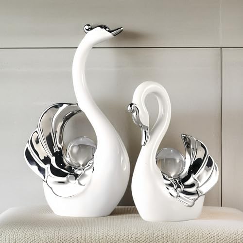 XINDAM A Pair of Swan Figurines Swans Statue with Crystal Ball Model Home Office Display Decorative Craft Living Room Decor (White) - Image 6