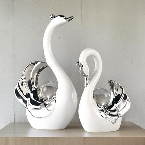 XINDAM A Pair of Swan Figurines Swans Statue with Crystal Ball Model Home Office Display Decorative Craft Living Room Decor (White) - Image 7