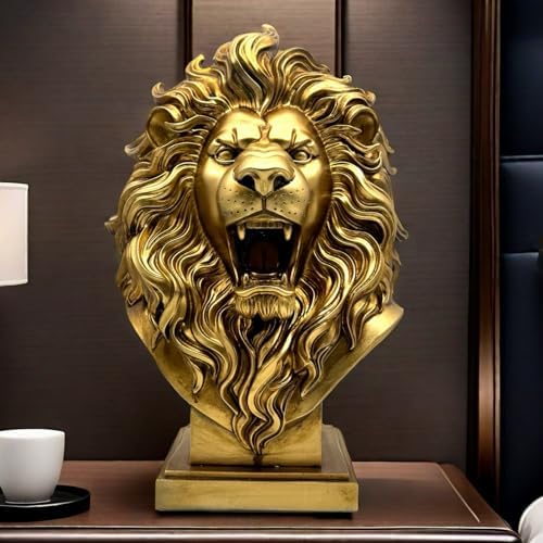 XINDAM 12 INCH Lion Bust Statue Lions Head Figurine Decorative Home & Office Figurines Home Office Display Craft Living Room Decor Ornaments for Tabletop Gold - Image 5