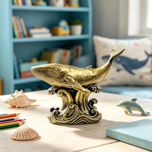XINDAM Bronze Finish Whale Figurine Statue Marine Animal Decorative Home & Office Resin Figurines Home Office Display Craft Living Room Decor Ornaments for Tabletop 13 INCH - Image 3