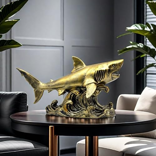 XINDAM Bronze Finish Shark Figurine Gold Statue Decorative Home & Office Resin Figurines Home Office Display Craft Living Room Decor Ornaments for Tabletop - Image 7