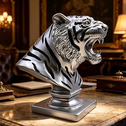XINDAM 9.6 INCH Tiger Bust Statue Tigers Head Figurine Decorative Home & Office Figurines Home Office Display Craft Living Room Decor Ornaments for Tabletop Silver - Image 4