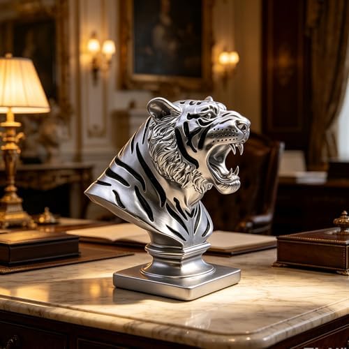 XINDAM 9.6 INCH Tiger Bust Statue Tigers Head Figurine Decorative Home & Office Figurines Home Office Display Craft Living Room Decor Ornaments for Tabletop Silver - Image 3