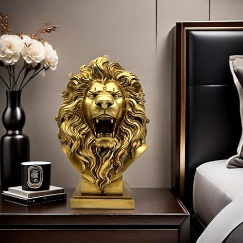 XINDAM 12 INCH Lion Bust Statue Lions Head Figurine Decorative Home & Office Figurines Home Office Display Craft Living Room Decor Ornaments for Tabletop Gold - Image 6