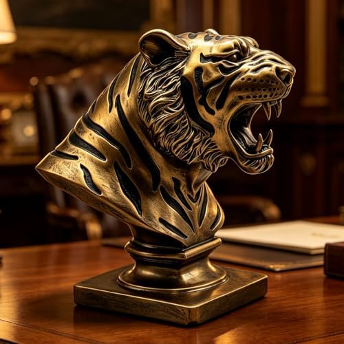 XINDAM 9.6 INCH Tiger Bust Statue Tigers Head Figurine Decorative Home & Office Figurines Home Office Display Craft Living Room Decor Ornaments for Tabletop Bronze - Image 2