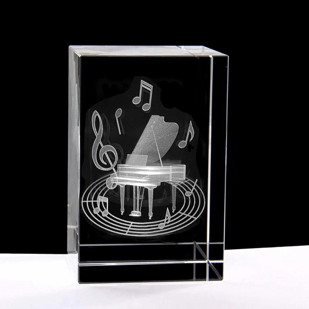 XINDAM 3D Piano Paperweight Laser Etched in Crystal Glass Cube for Graduation Christmas Birthday Valentine's Day