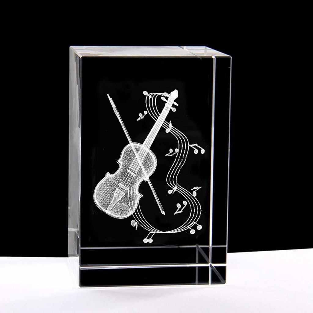 XINDAM 3D Violin Paperweight Laser Etched in Crystal Glass Cube Music Graduation Christmas Birthday Valentine's Day