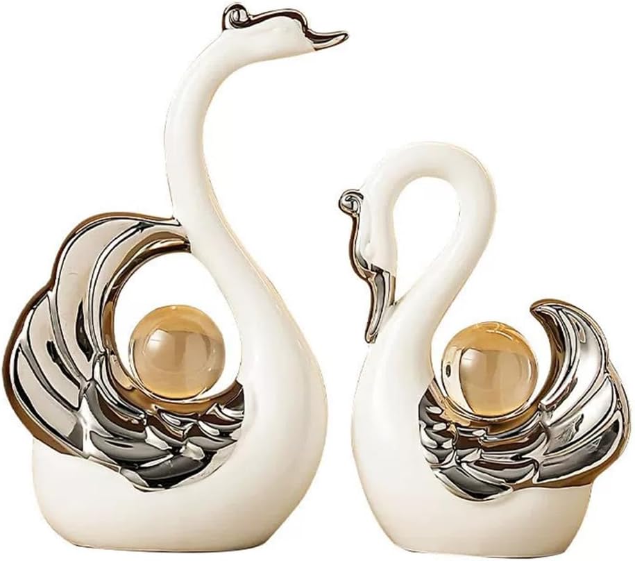 XINDAM A Pair of Swan Figurines Swans Statue with Crystal Ball Model Home Office Display Decorative Craft Living Room Decor (White)