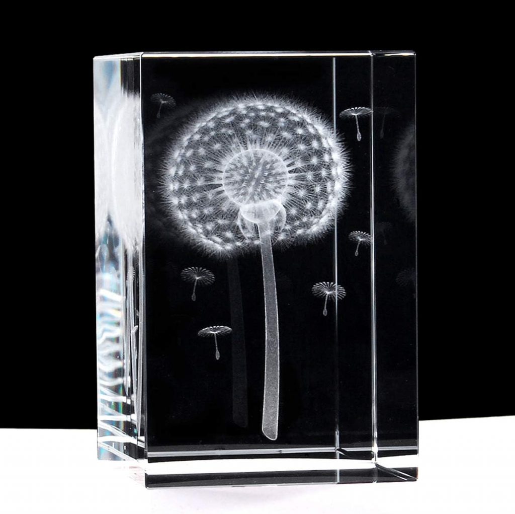 XINDAM 3D Dandelion Paperweight(Laser Etched) in Crystal Glass Cube Gift for Graduation Christmas Birthday Valentine's Day 3x2x2 Inch