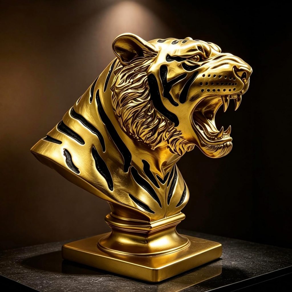 XINDAM 9.6 INCH Tiger Bust Statue Tigers Head Figurine Decorative Home & Office Figurines Home Office Display Craft Living Room Decor Ornaments for Tabletop Gold
