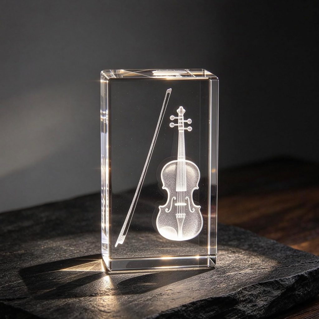 XINDAM 3D Violin Paperweight Laser Etched in Crystal Glass Cube Music for Graduation Christmas Birthday Valentine's Day