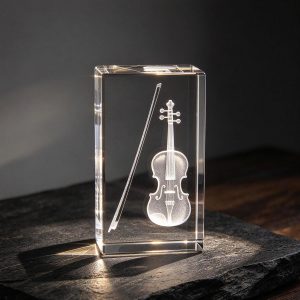 XINDAM 3D Violin Paperweight Laser Etched in Crystal Glass Cube Music for Graduation Christmas Birthday Valentine's Day