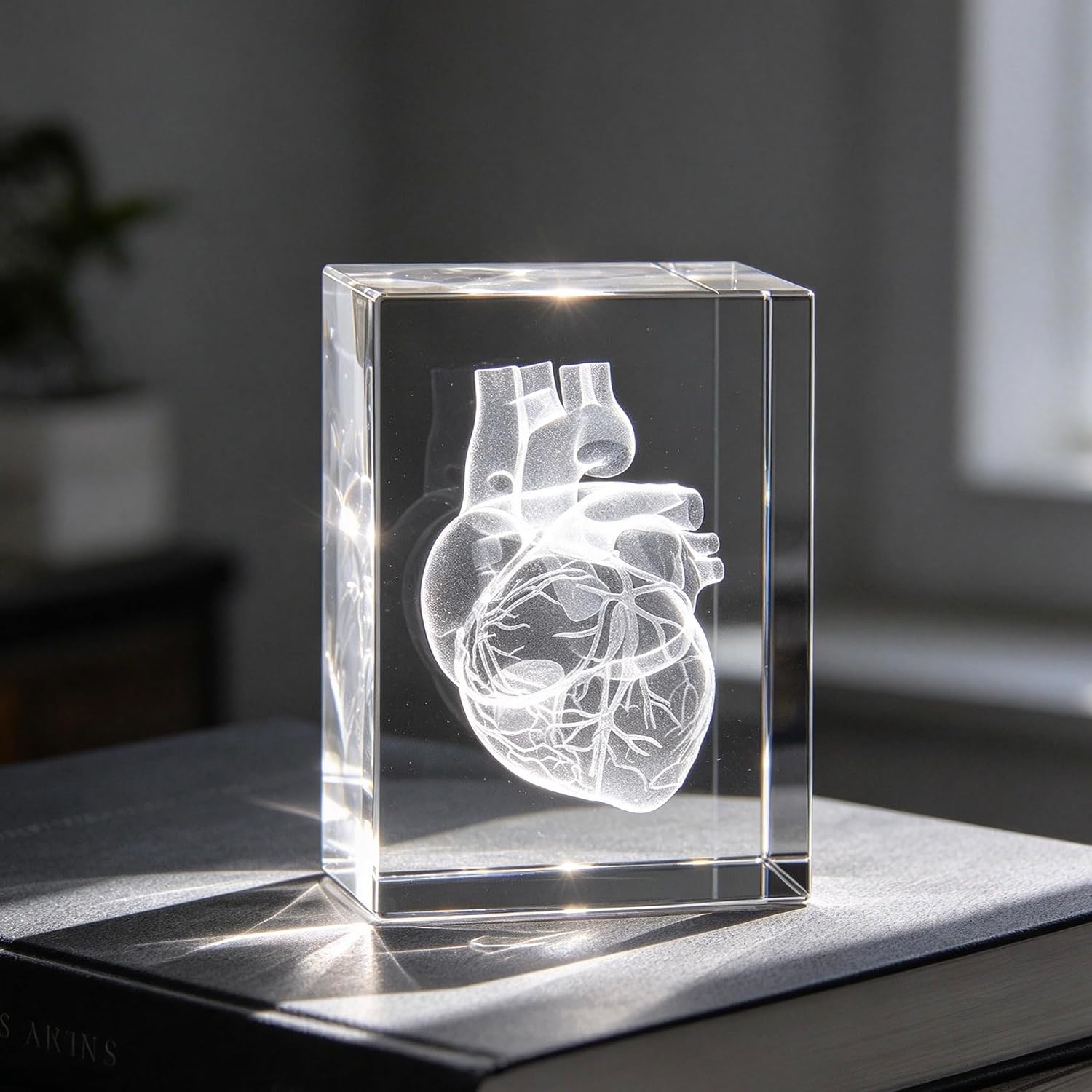 3D Human Heart Anatomical Model Paperweight(Laser Etched) in Crystal Glass Cube Science Anatomy Gift (No Included LED Base)(3.1x2x2 inch)
