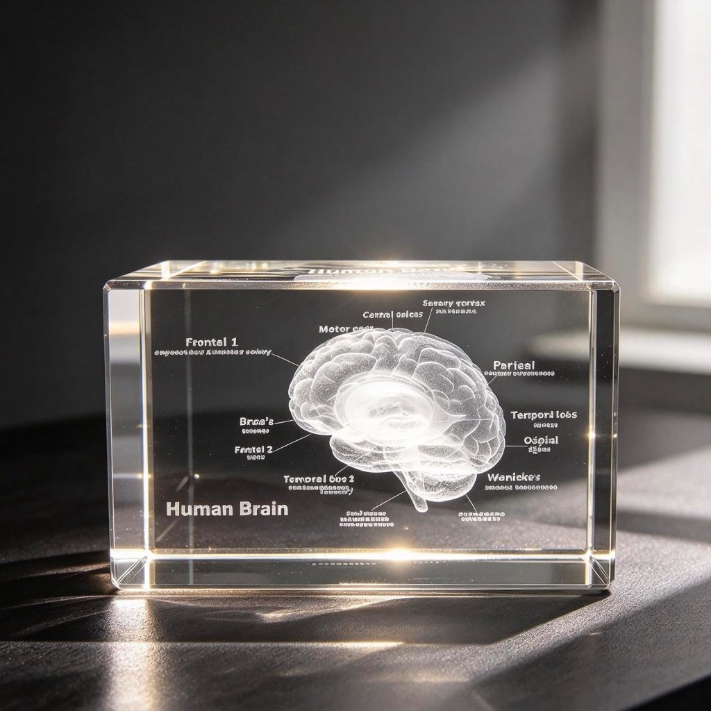 3D Human Brain Anatomical Model Paperweight(Laser Etched) in Crystal Glass Cube Science Gift (No Included LED Base)(3.1x2x2 inch)