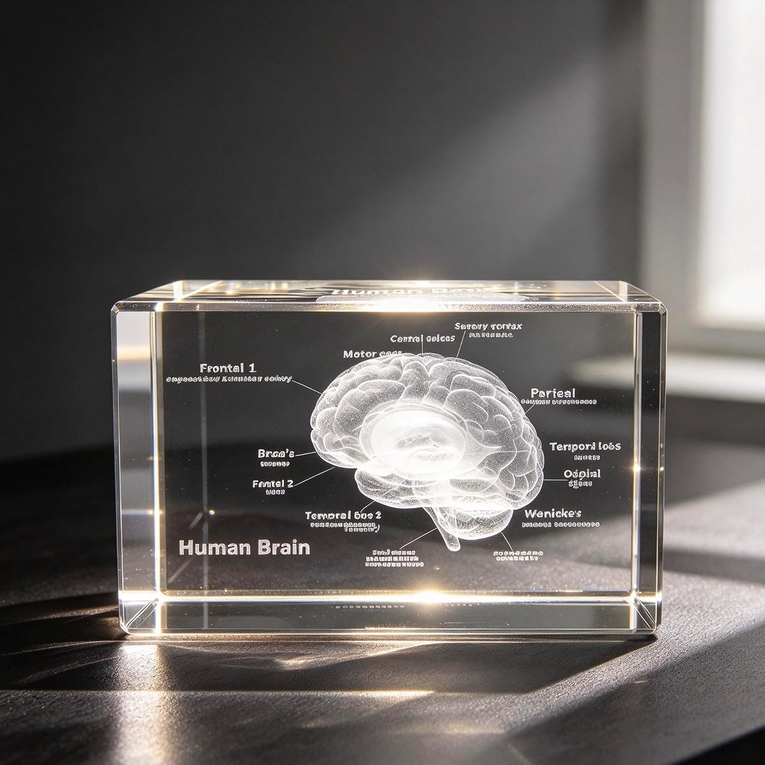 3D Human Brain Anatomical Model Paperweight(Laser Etched) in Crystal Glass Cube Science Gift (No Included LED Base)(3.1x2x2 inch)