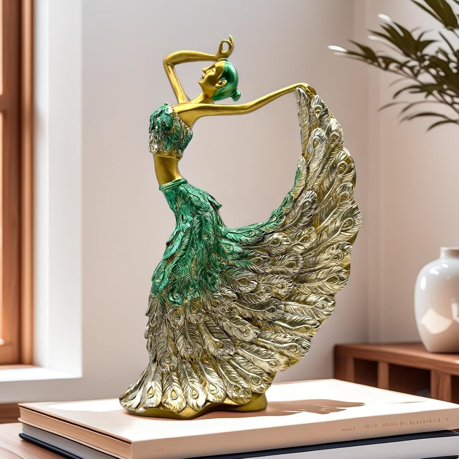 XINDAM Elegant Peacock Art Figurine Dancer Statue Decorative Home & Office Figurines Home Office Display Craft Living Room Decor Ornaments for Tabletop