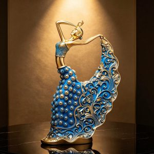 XINDAM Elegant Peacock Art Figurine Dancer Statue Decorative Home & Office Figurines Home Office Display Craft Living Room Decor Ornaments for Tabletop Blue and Gold