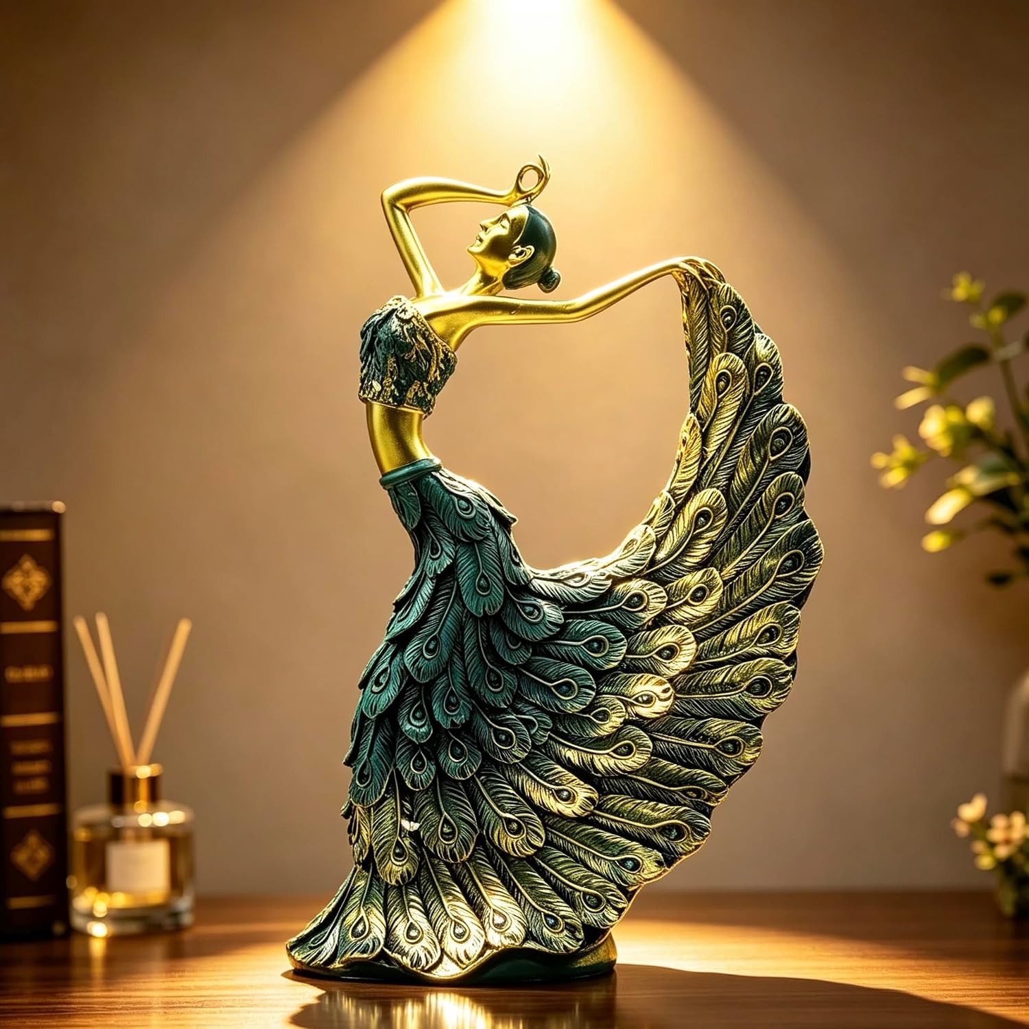 XINDAM Elegant Peacock Art Figurine Dancer Statue Decorative Home & Office Figurines Home Office Display Craft Living Room Decor Ornaments for Tabletop