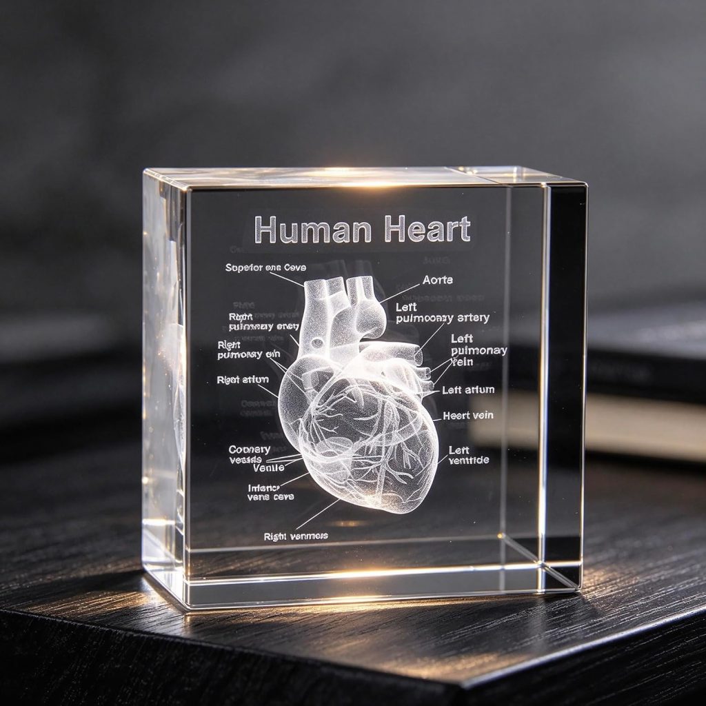 XINDAM 3D Human Heart with Labels Anatomical Model Statue Paperweight(Laser Etched) in Crystal Glass Cube Science Gift (No Included LED Base)(2.3x2.3x2.3 inch)