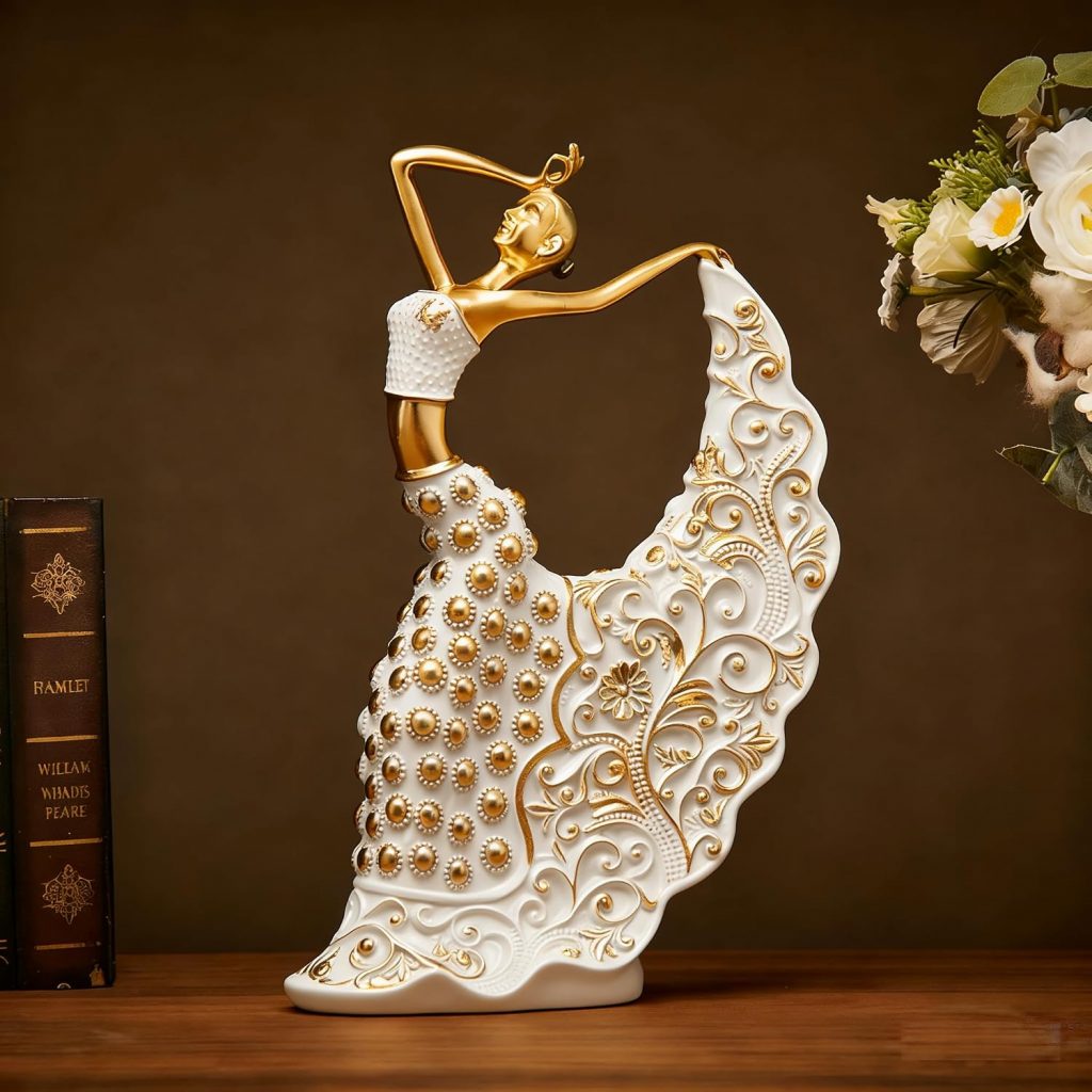 XINDAM Elegant Peacock Art Figurine Dancer Statue Decorative Home & Office Figurines Home Office Display Craft Living Room Decor Ornaments for Tabletop White and Gold