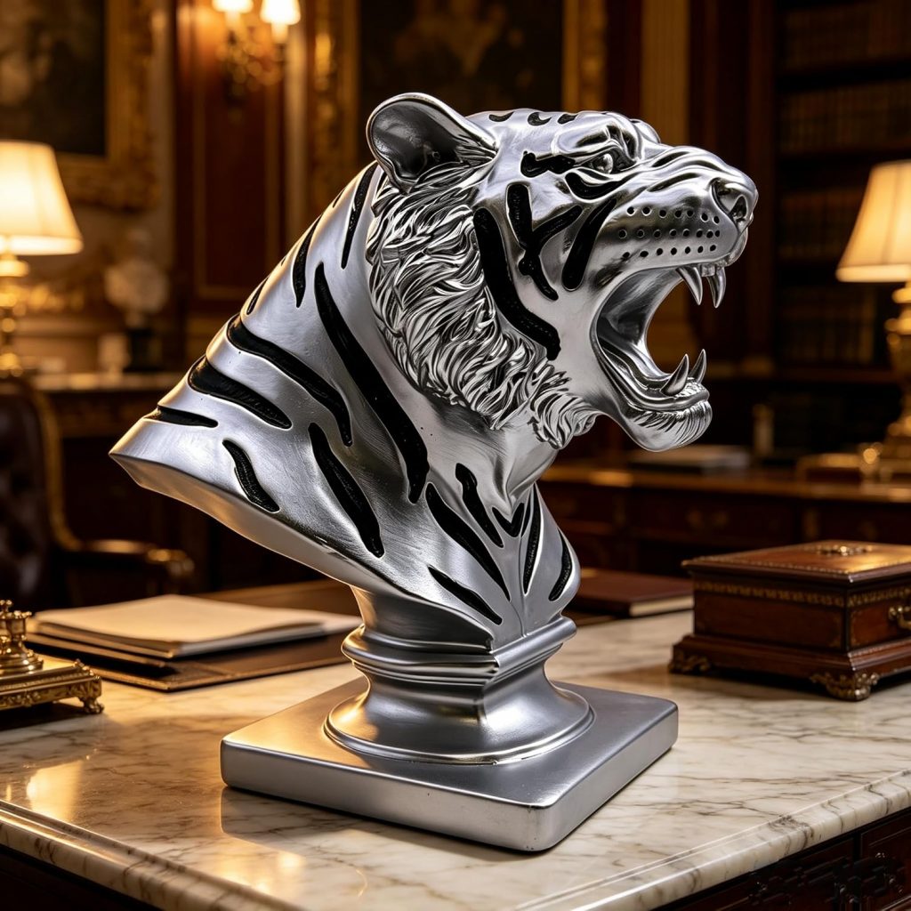 XINDAM 9.6 INCH Tiger Bust Statue Tigers Head Figurine Decorative Home & Office Figurines Home Office Display Craft Living Room Decor Ornaments for Tabletop Silver