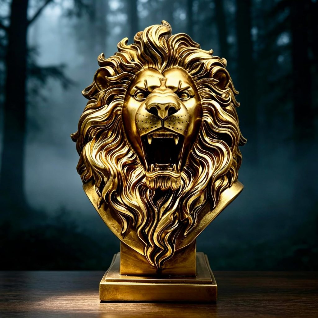 XINDAM 12 INCH Lion Bust Statue Lions Head Figurine Decorative Home & Office Figurines Home Office Display Craft Living Room Decor Ornaments for Tabletop Gold